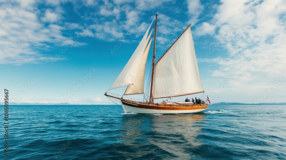 Fototapeta premium Sailboat Crew Adjusting Sails on Windy Day