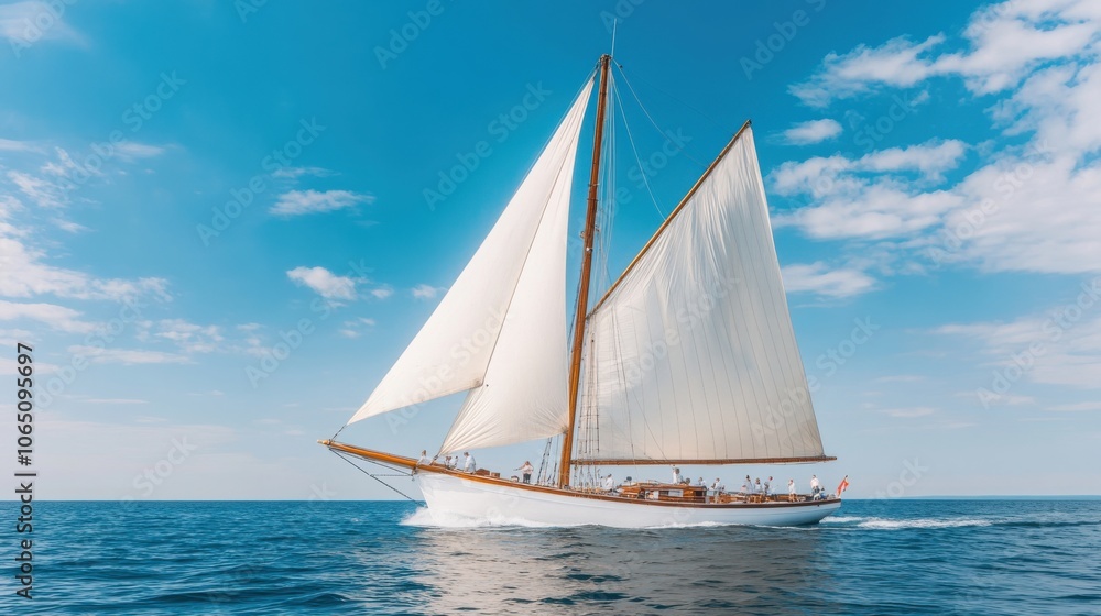 Fototapeta premium Sailboat with Crew Adjusting Sails on Windy Day
