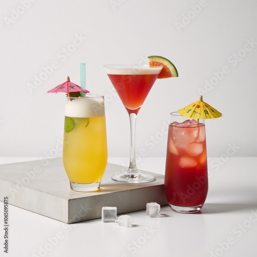 Summer cocktail arrangement displayed atop minimalist white backdrop with exposed concrete base photo