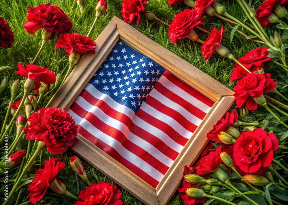 Obraz premium Aerial View of American Flag Surrounded by Red Carnations for Memorial Day Tribute to Fallen Heroes, Symbolizing Honor and Remembrance