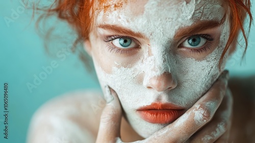 An artistic photograph focusing on a woman's face covered with a white clay mask, emphasizing her captivating gaze and striking features against a soft blue background. photo