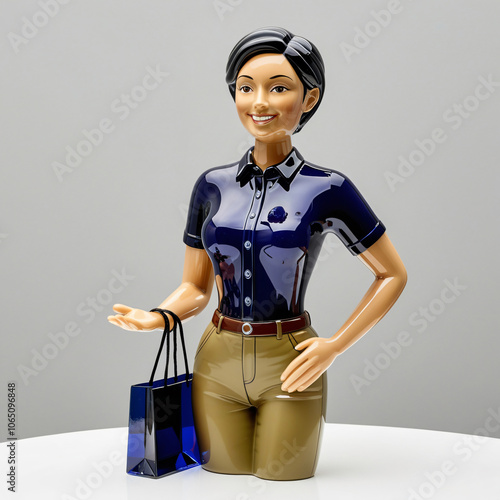 Glass sculpture of professional retail associate in branded uniform, welcoming customers with shopping bag, embodying essence of customer service, generative ai