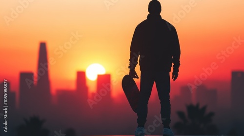 Skateboarder Silhouette Against City Skyline at Sunset photo