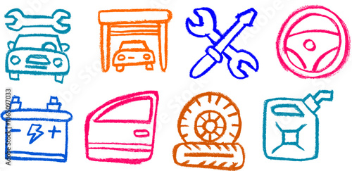 Garage Service Related Icon Crayon Chalk Drawing Vector Set