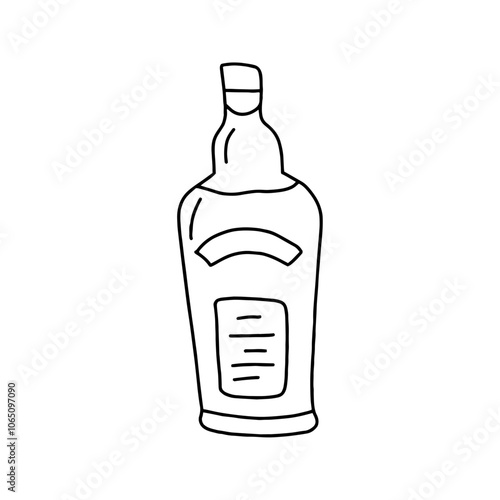 Bottle of alcoholic drink in doodle style. Vector isolated on white background