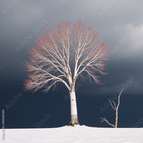 A single stark cherry blossom tree stands against a wintery landscape with an isolated branch of falling blooms on a snow-covered and barren oak all rendered in crisp black silhouette amidst the white photo