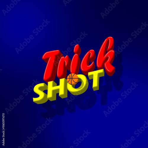 World Trick Shot Day to celebrate on first Tuesday in December. Trick shot text that looks like a three-dimensional style with a basketball on a dark blue background. Sport event banner.