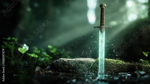 A majestic sword emerges from water, glowing in a tranquil forest scene, invoking themes of magic, heroism, and the timeless allure of mythical adventures. photo