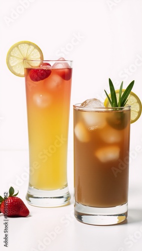 Summer drinks displayed on a white background showcasing vibrant lemonade and iced coffee served in style