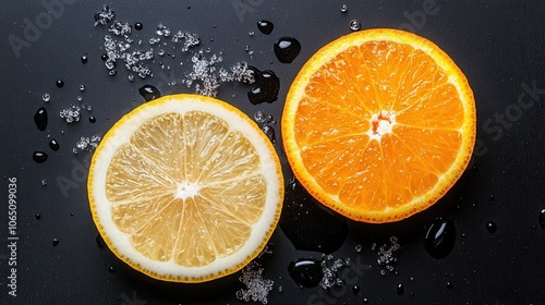 A detailed perspective of lemon and orange slices with glistening water droplets, highlighting their textures and freshness, igniting zest and flavor. photo