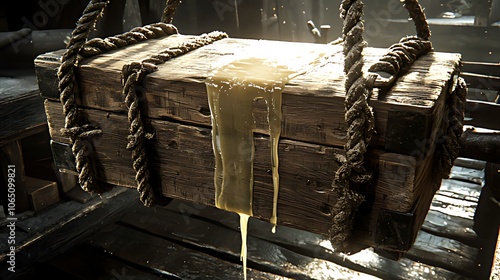 A wooden box with a viscous liquid leaking out of it, suspended by ropes. photo