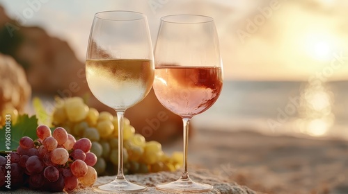 A serene sunset scene at the beach showcasing two wine glasses—one filled with white wine, the other with rosé—accompanied by fresh grapes in the foreground.