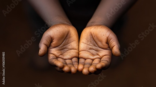 A pair of outstretched hands, palms up, conveying themes of compassion, generosity, and open-hearted giving, set against a dark, contrasting backdrop. photo