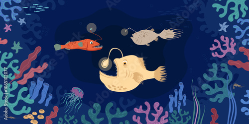 Cartoon sealife illustration of three fishes undersea