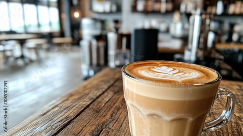 A steaming cafe latte presented on a wooden counter amidst a cozy cafe environment, highlighting coffee culture and inviting atmosphere, ready for enjoyment. photo