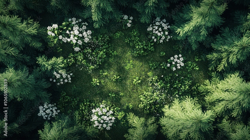 Obraz premium Aerial View of a Forest Clearing with White Flowers
