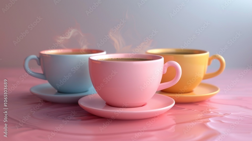 Delightful pastel cups of steaming coffee resting on a soft pink surface evoke a cozy café atmosphere. Generative AI Delightful pastel cups of steaming coffee resting on a soft pink surface evoke a cozy café atmosphere. Generative AI