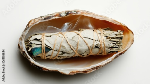 A bundle of sage wrapped in twine emits gentle smoke from within a shell, conveying a sense of calm and spiritual cleansing in a serene composition. photo