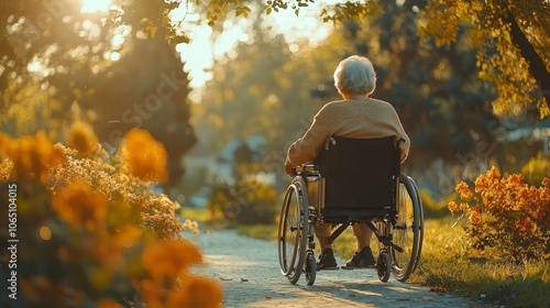 An elderly woman in a wheelchair calmly navigates along a scenic pathway in a garden, surrounded by golden autumn hues, capturing a moment of serene solitude. photo