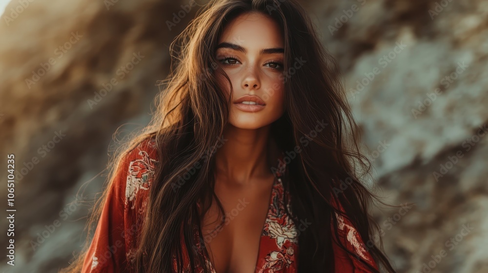 A woman with flowing hair wearing a floral robe poses against a rocky natural background, capturing a serene and timeless moment in natural beauty. A woman with flowing hair wearing a floral robe poses against a rocky natural background, capturing a serene and timeless moment in natural beauty.