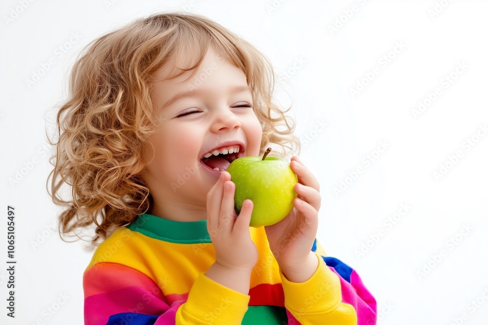 A cheerful child with a bright, colorful outfit, holding a shiny apple, representing healthy eating and the joy of childhood, suitable for content related to nutrition A cheerful child with a bright, colorful outfit, holding a shiny apple, representing healthy eating and the joy of childhood, suitable for content related to nutrition