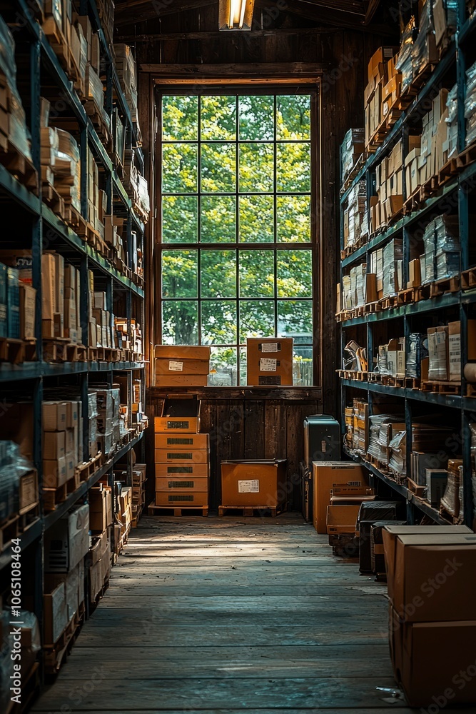 Fototapeta premium Cardboard Boxes Stacked on Shelves in a Rustic Warehouse