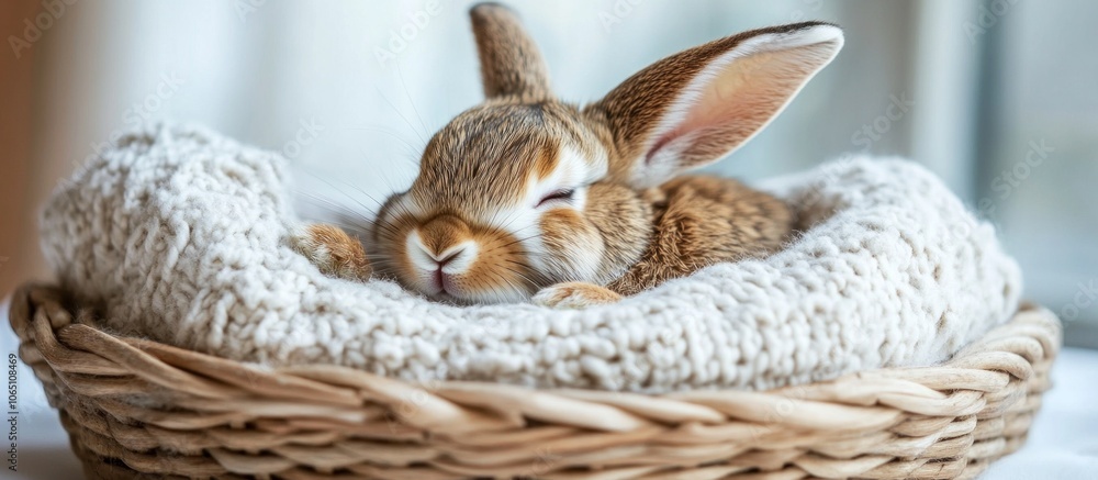Obraz premium A small brown rabbit sleeps peacefully in a woven basket lined with a soft white blanket.