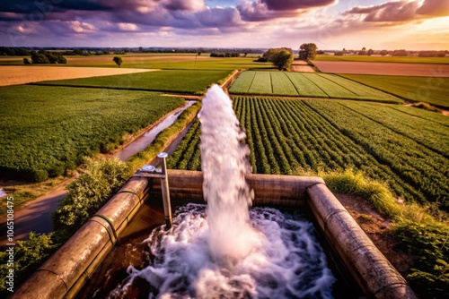 Aerial View of Clear Sweet Water Flowing Under High Pressure from Agricultural Tube Well in Vibrant Fields photo