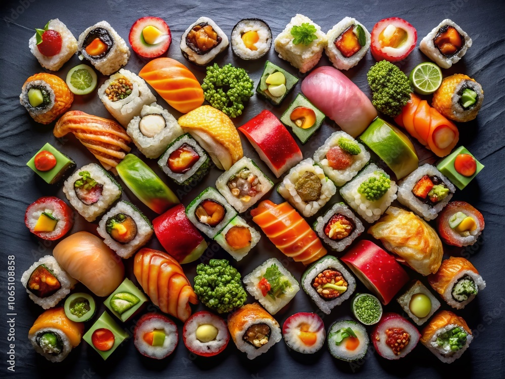 Aerial View of Colorful Sushi Rolls on a Black Background, Captivating Japanese Cuisine, Gourmet Delicacies, Fresh Ingredients, Culinary Art, Food Photography, Sushi Platter, Delicious Sushi Rolls Aerial View of Colorful Sushi Rolls on a Black Background, Captivating Japanese Cuisine, Gourmet Delicacies, Fresh Ingredients, Culinary Art, Food Photography, Sushi Platter, Delicious Sushi Rolls
