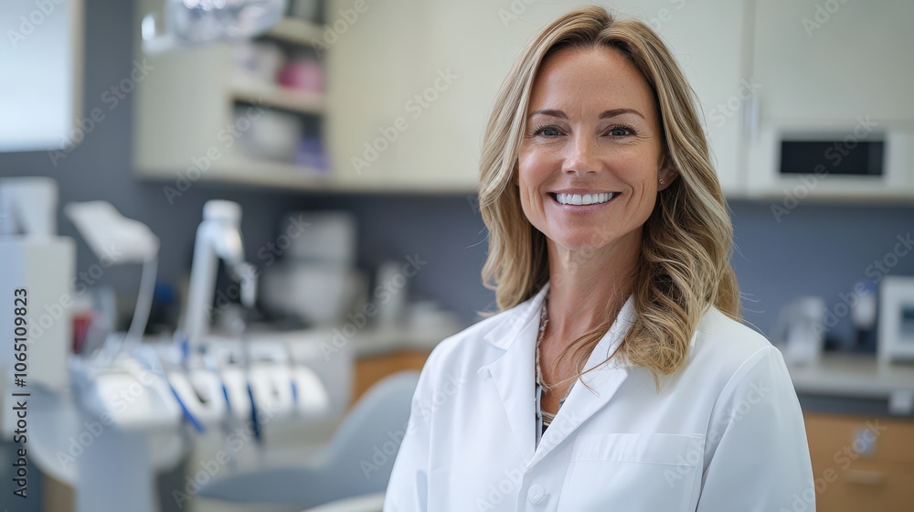 Fototapeta premium Smiling female dentist doctor in a lab coat standing in a modern medical lab, representing professionalism, expertise, and compassion in healthcare and scientific research.
