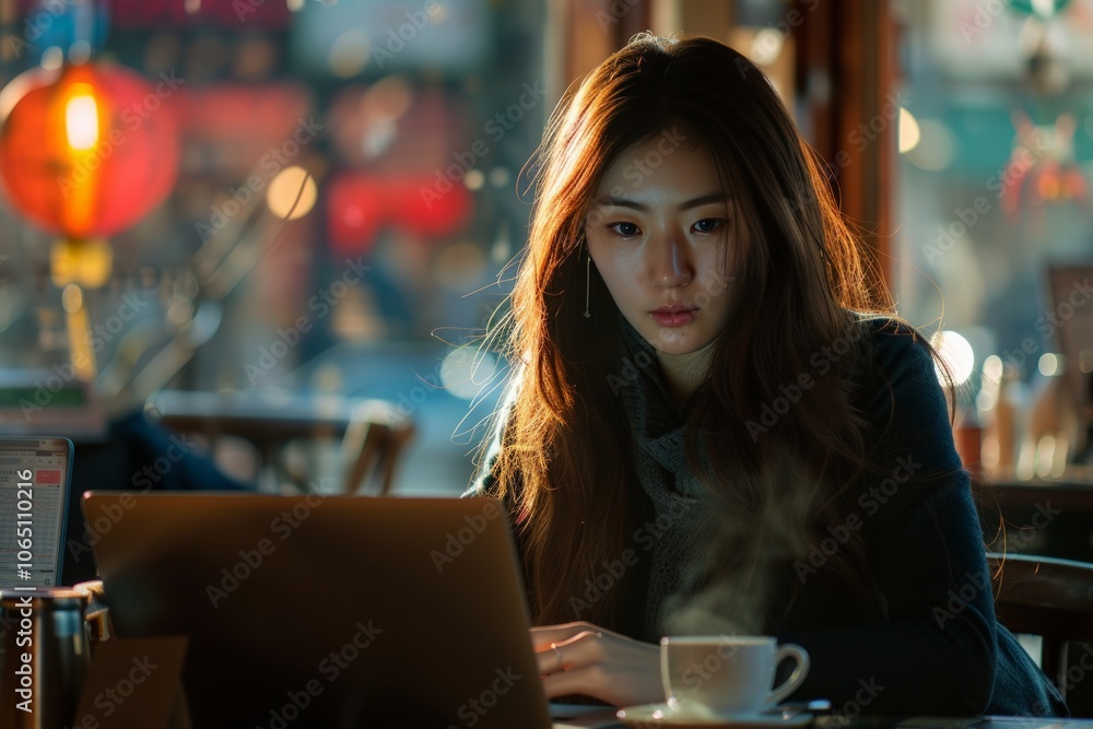 Fototapeta premium Young Asian woman working on laptop in cozy café with warm lighting, focus on the screen contrasts with the glowing lanterns outside, creating a peaceful yet productive,