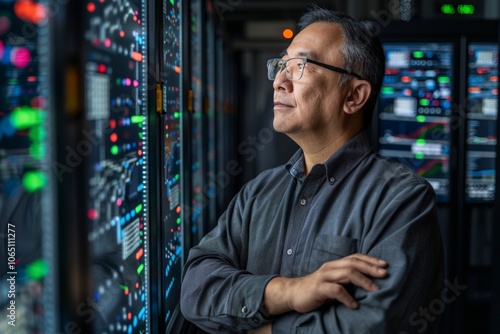 Middle-aged Asian male IT engineer standing confidently before server racks, surrounded by colorful digital screens data, wearing glasses, hands crossed, focused, professional atmosphere, data center.