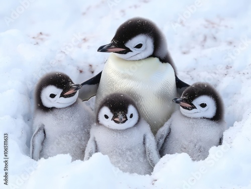 Emperor penguin chicks huddled together in the snow photo