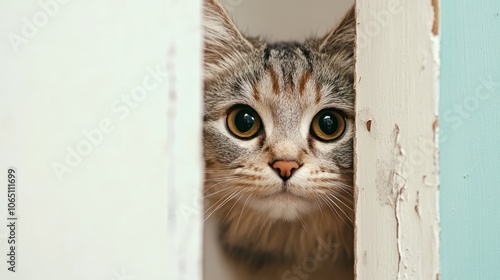 A shy kitten with large, round eyes peers through a narrow gap, conveying a sense of timidity and curiosity. The wooden textures create a rustic appeal.