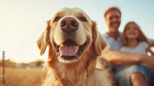 A cheerful golden retriever is captured with its family in a sunlit field, symbolizing happiness, loyalty, and the warm bonds of companionship shared in nature. photo