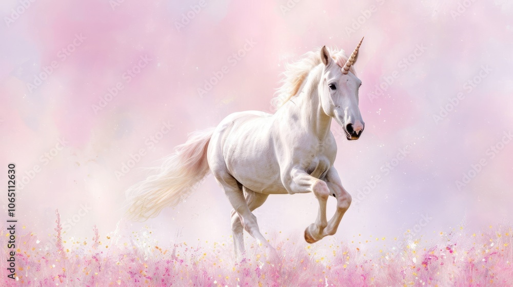 Fototapeta premium A majestic white unicorn gallops gracefully through a field of vibrant pink flowers, exuding an enchanting, dreamlike atmosphere.