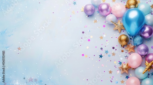 Festive decorations featuring colorful balloons, shiny ornaments, and sparkling confetti on a soft blue background, perfect for celebrations and parties.