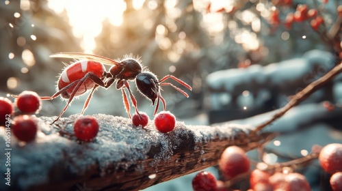 An enchanting macro shot depicts an ant exploring bright red berries atop a frosty branch, revealing intricate details and the contrasting harmony of nature's small wonders. photo