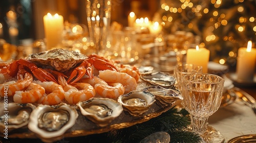 Elegant seafood platter with oysters, shrimp, and crab, holiday decor, candle-lit ambiance, luxurious New Year vibe photo