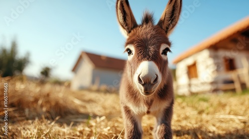 A charming close-up of a curious donkey, captured in a rustic rural setting with a soft-focus background, highlighting its endearing features and playful nature. photo