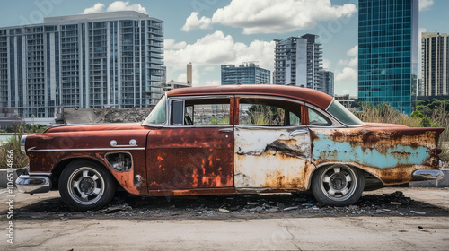 A car  rusted and falling apart parked at the edge of a city photo