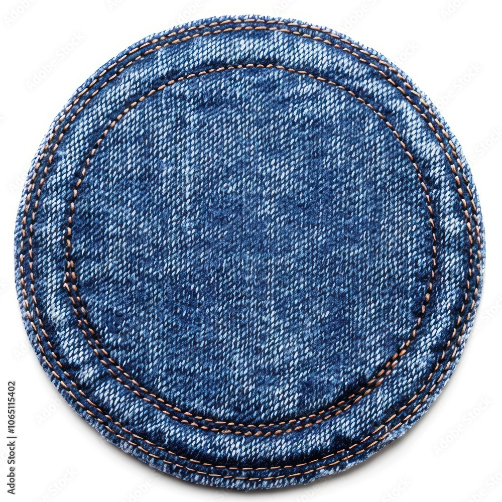 A circular denim patch featuring a blue fabric with distinct stitching, often used for reinforcement or decorative purposes in clothing.