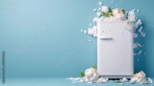 Obraz na płótnie A white refrigerator bursts with food waste and debris against a blue background, illustrating environmental concerns around food waste. w salonie