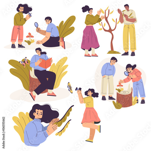 People Studying Plants and Insects Exploring Nature Vector Set