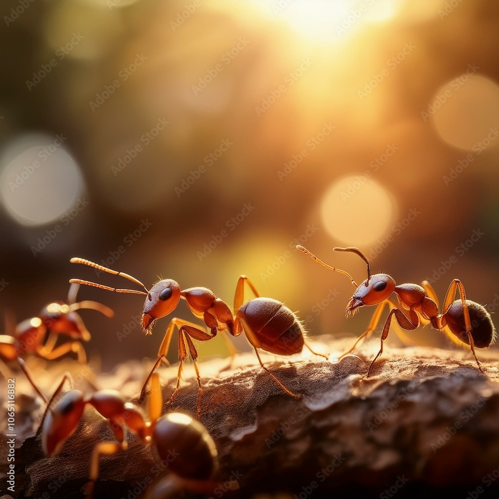 Ants working together on a sunlight forest floor, close-up on tiny legs and antennae Ants working together on a sunlight forest floor, close-up on tiny legs and antennae