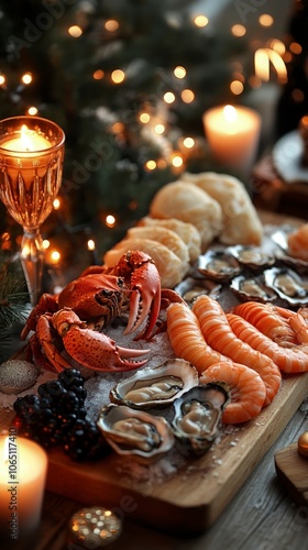 Elegant seafood platter with oysters, shrimp, and crab, holiday decor, candle-lit ambiance, luxurious New Year vibe photo