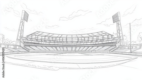Line drawing of a cricket stadium, ideal for posters or vector art focusing on sports architecture.