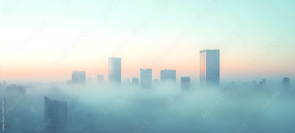 A serene dawn view of a city skyline shrouded in mist, featuring modern skyscrapers emerging softly through the fog, creating a tranquil and ethereal atmosphere. A serene dawn view of a city skyline shrouded in mist, featuring modern skyscrapers emerging softly through the fog, creating a tranquil and ethereal atmosphere.