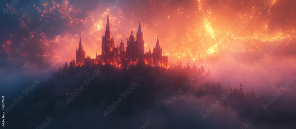 Fototapeta premium A large, gothic castle sits atop a foggy, misty mountain, with a bright orange sky behind it.