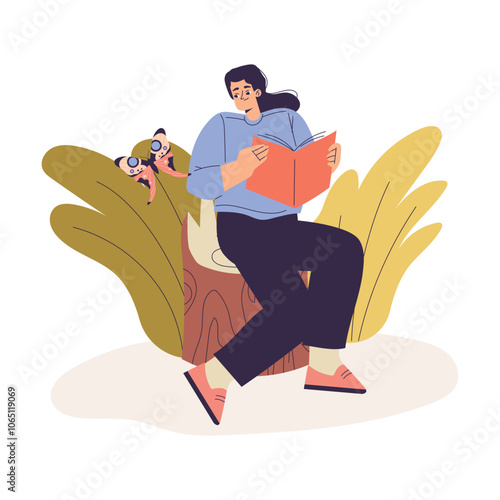 Woman Studying Plant and Insect Exploring Nature Vector Illustration
